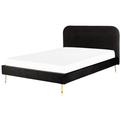 Bett Schwarz Samtstoff mit Lattenrost 160 x 200 cm Metallfüße Gold hohes Kopfteil Retro Glamourös Polsterbett Doppelbett