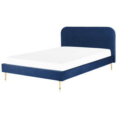 Bett Blau Samtstoff mit Lattenrost 180 x 200 cm Metallfüße Gold hohes Kopfteil Retro Glamourös Polsterbett Doppelbett Sc