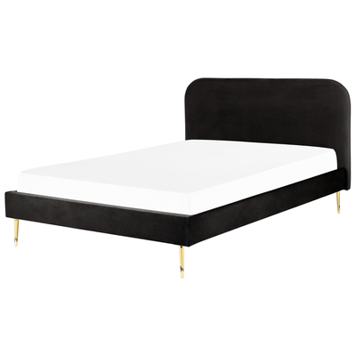 Bett Schwarz Samtstoff mit Lattenrost 180 x 200 cm Metallfüße Gold hohes Kopfteil Retro Glamourös Polsterbett Doppelbett