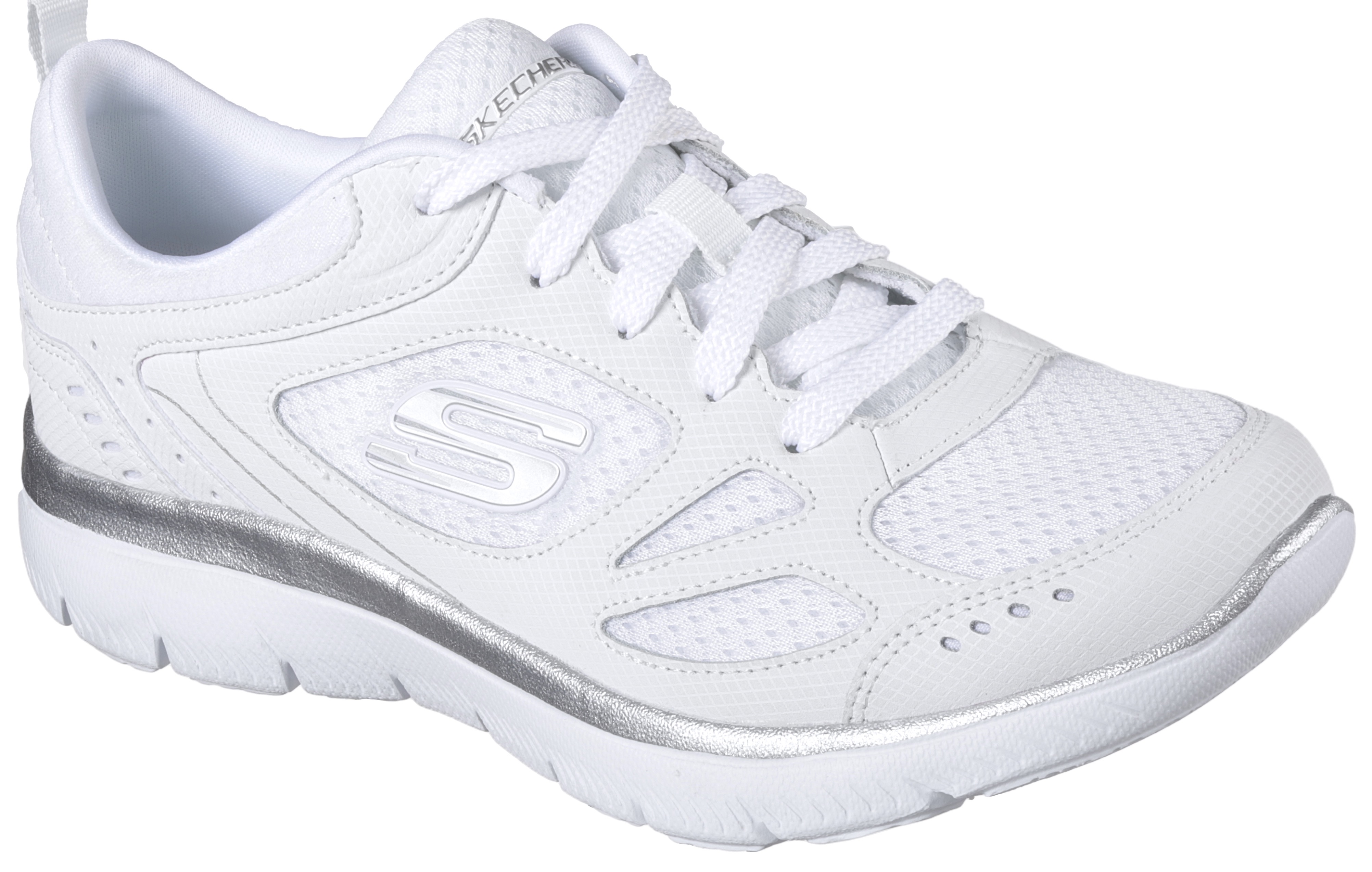 Sneaker SKECHERS "SUMMITS-SUITED", Damen, Gr. 35, silber (weiß, silberfarben), Leder, Textil, Schuhe Sneaker, Freizeitschuh, Trainingsschuh, Schnürschuh mit weicher Polsterung