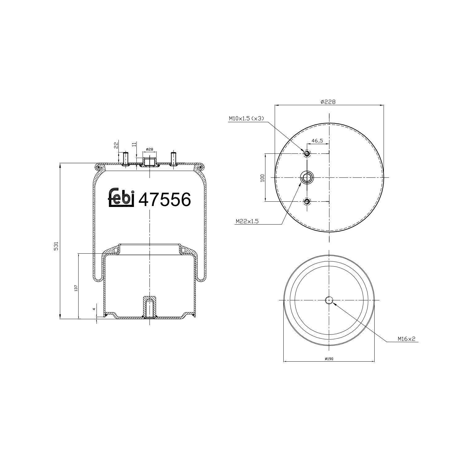 FEBI BILSTEIN Federbalg, Luftfederung febi Plus Universal mit Kolben 226mm für DAF 2301455 1849374 2237594 47556 Image