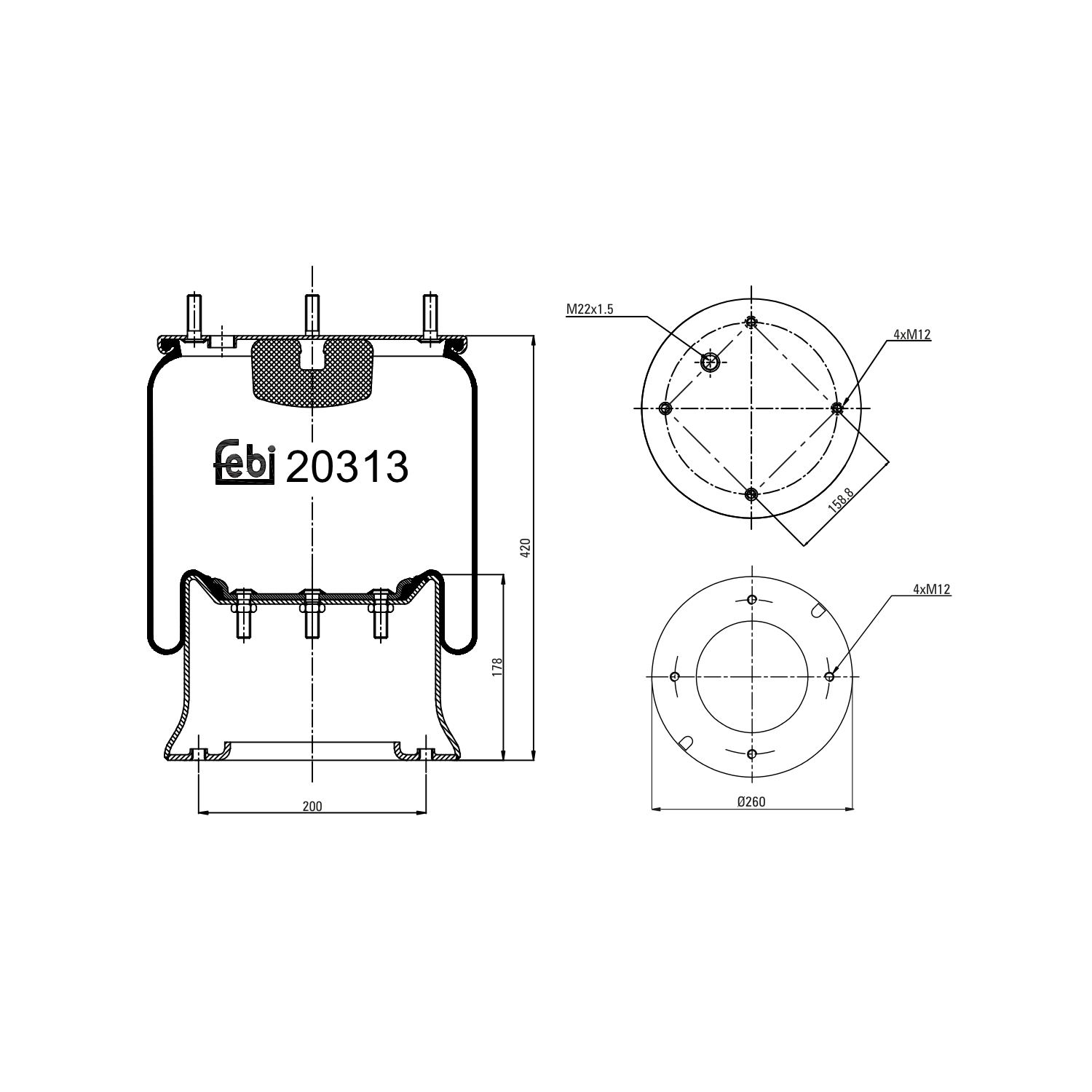 FEBI BILSTEIN Federbalg, Luftfederung Universal mit Kolben 200mm für DAF 1277489 0388491 388491 20313 Image