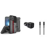 Accessories Bundle for iPhone 14 Pro Max Case - Heavy Duty Rugged Protector Cover (Thin Red Line Flag) Belt Holster Clip 30W Dual Car Charger Heavy Duty USB-C to MFI Certified Lightning Cable