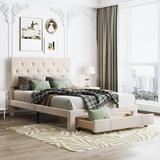 Full Size Tufted Upholstered Platform Bed with Removable Wheeled Footside Drawer / Lozenge Pattern Headboard / 12 Strong Slats