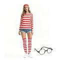 chidgrass Women Cute Costume Set Red White Striped T-shirt Breathable Skin Friendly Soft Knitting Socks Hat Christmas Cosplay Outfit Red XL