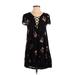 Amuse Society Casual Dress - Shift Plunge Short sleeves: Black Floral Dresses - Women's Size Small