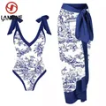 Lanswe-Maillot de bain une pièce simple imprimé vintage décolleté en V plongeant bikini kimono