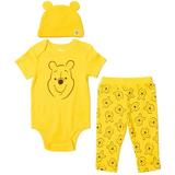 Disney Winnie the Pooh Newborn Baby Boy or Girl Bodysuit Pants and Hat 3 Piece Outfit Set Newborn to Infant
