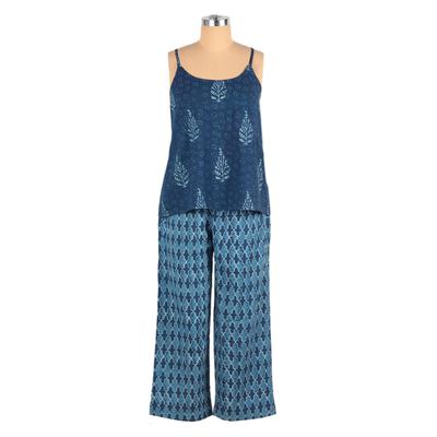 Blue Fall,'Cotton Pajama Set with Leafy and Moroccan Inspired Pattern'