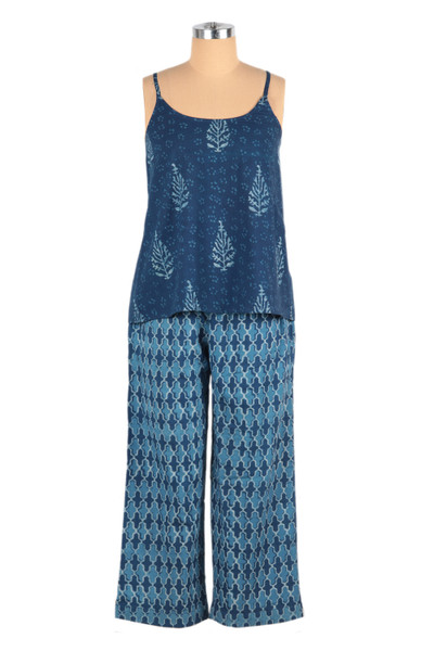 Moroccan Blue,'Cotton Pajama Set with Leafy and Moroccan Inspired Pattern'