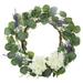 18 Spring Wreath Artificial Green Leaves Wreath for All Seasons Round Eucalyptus Wreath for Front Door Famhouse Wreath with White Silk Hydrangeas & Lavender for Door Wall Window Decor