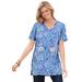 Plus Size Women's Perfect Printed Short-Sleeve Shirred V-Neck Tunic by Woman Within in French Blue Jacquard Floral (Size 5X)