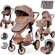 Baby Pram Pushchair Buggy Lightweight Stroller Folding Strollers 3 in1 Travel System Baby Trolley Baby Pram for Newborns Toddlers 0-36 Months from Birth (Beige-Rose Gold Frame)