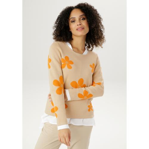 Rundhalspullover ANISTON SELECTED Gr. 42, orange (beige-orange-goldfarben) Damen Pullover mit goldfarbenen Details im Blumenmuster Bestseller