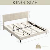 King Size Platform Bed Frame with Fabric Upholstered Headboard and Wooden Slats