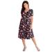 Plus Size Women's Ultrasmooth® Fabric V-Neck Swing Dress by Roaman's in Black Sketch Blossoms (Size 42/44) Stretch Jersey Short Sleeve V-Neck