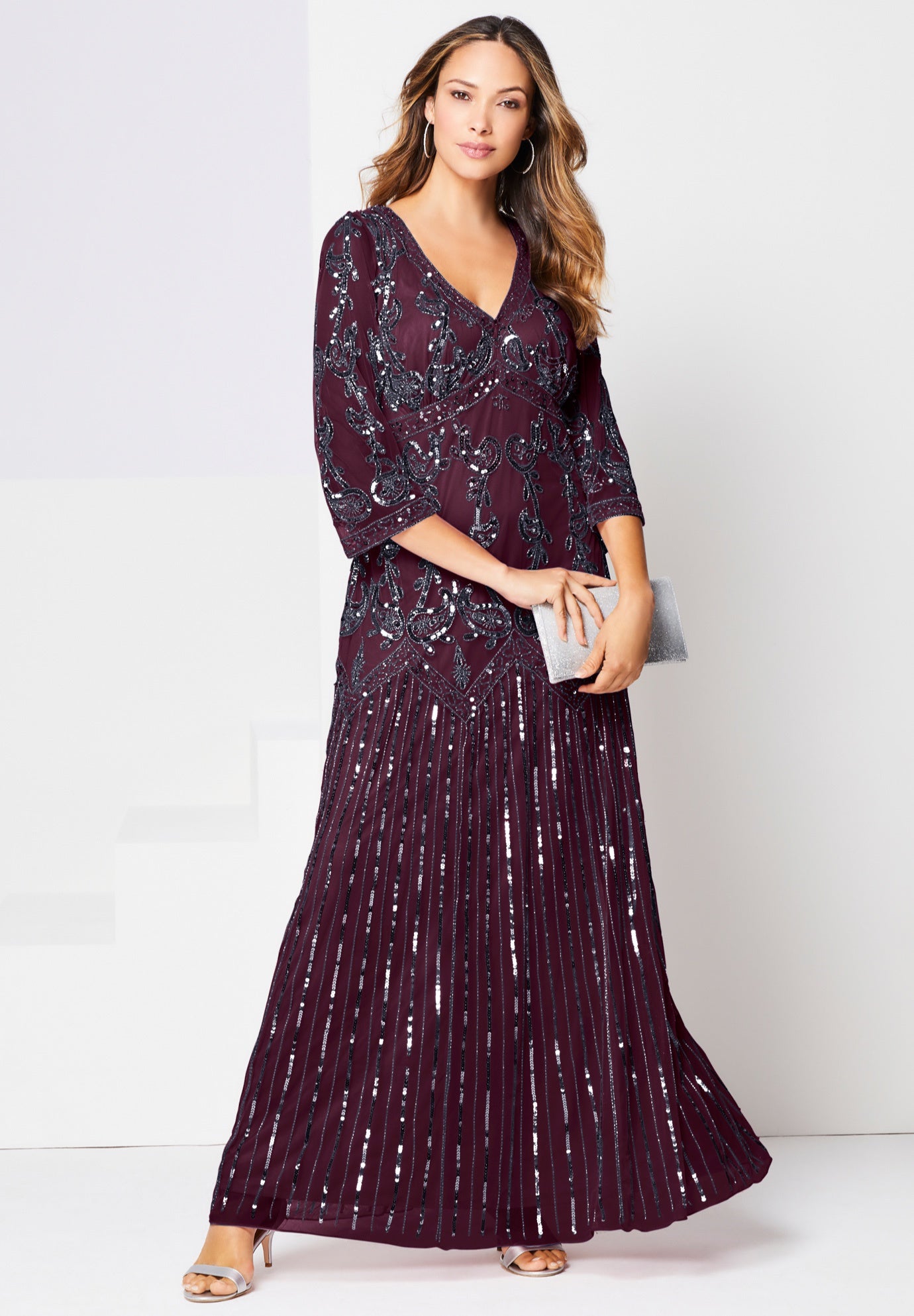 Plus Size Women's Plus Size Beaded V-Neck 3/4 Sleeve Sleeve Maxi Gown by Roaman's in Dark Berry (Size 18 W) Formal Evening