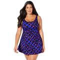 Plus Size Women's Chlorine Resistant Tank Swimdress by Swimsuits For All in Electric Purple Waves (Size 34)