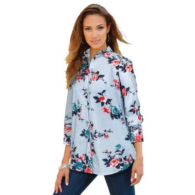 Plus Size Women's Long-Sleeve Kate Big Shirt by Roaman's in Pale Blue Mixed Flowers (Size 20 W) Button Down Shirt Blouse