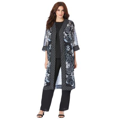 Plus Size Women's Three-Piece Duster & Pant Suit by Roaman's in Black Paisley Garden (Size 34 W) Formal Sheer Duster Pull On Wide Leg