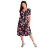 Plus Size Women's Ultrasmooth® Fabric V-Neck Swing Dress by Roaman's in Black Sketch Blossoms (Size 18/20) Stretch Jersey Short Sleeve V-Neck
