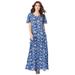 Plus Size Women's Flutter-Sleeve Crinkle Dress by Roaman's in Navy Ikat Floral (Size 34/36)