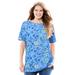 Plus Size Women's Perfect Printed Short-Sleeve Boatneck Tunic by Woman Within in French Blue Jacquard Floral (Size 3X)