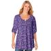 Plus Size Women's 7-Day Three-Quarter Sleeve Pintucked Henley Tunic by Woman Within in Radiant Purple Flower Garden (Size L)