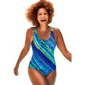 Plus Size Women's Chlorine Resistant Cross Back One Piece Swimsuit by Swimsuits For All in Teal Diagonal Stripe (Size 26)