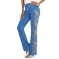 Plus Size Women's Whitney Jean with Invisible Stretch® by Denim 24/7 in New Khaki Swirl Embroidery (Size 44 W) Embroidered Bootcut Jeans