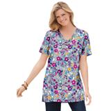 Plus Size Women's Perfect Printed Short-Sleeve Shirred V-Neck Tunic by Woman Within in Heather Grey Field Floral (Size 5X)
