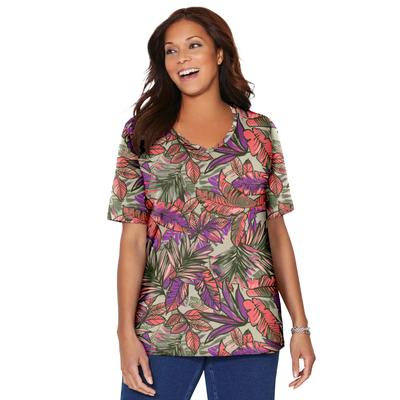 Plus Size Women's Suprema Short Sleeve V-Neck Tee by Catherines in Grape Leaf Tropical (Size 6X)