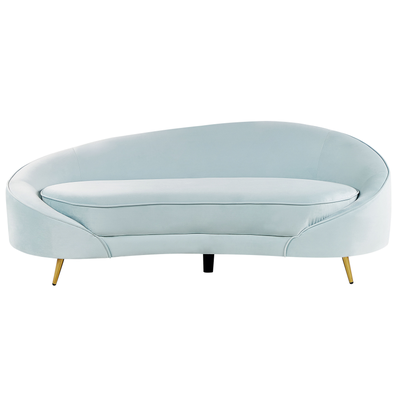 Sofa Blau Samtstoff 3-Sitzer Oval Gebogen Dicke Polsterung mit Metallfüßen Gold Freistehend Retro Glamourös für Wohnzimm