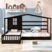 Twin Size Wood House Bed, 2 Twin Solid Bed L-shaped with Fence and Slatted Frame