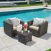 Blaine Outdoor 3 Piece Swivel Wicker Chat Set with Cushions Dark Brown Beige