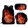 FKELYI Flame Basketball Backpack Universal Teens Students Keep Warm Lunch Case Bookbags+Large Pencil Box Casaul Boys Girls Picnic Rucksacks Set of 3