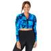 Plus Size Women's Chlorine Resistant Long Sleeved Cropped Zip Tee by Swimsuits For All in Blue Electric Palm (Size 22)