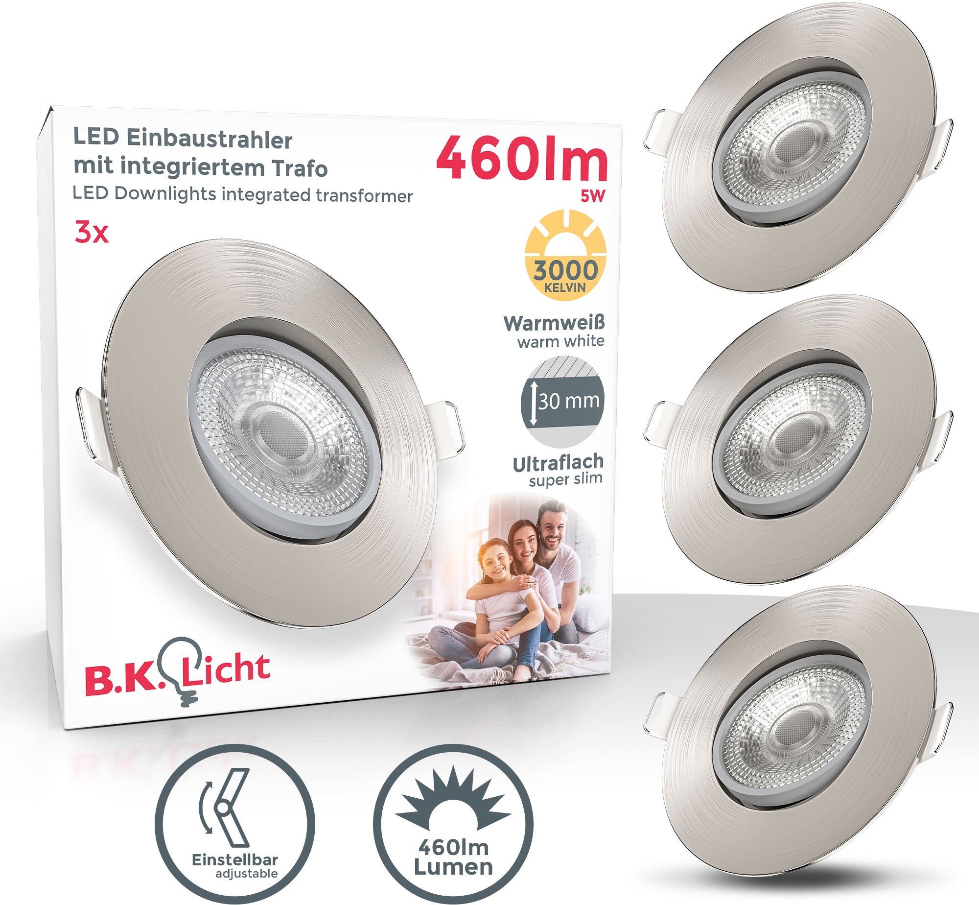 B.K.LICHT LED Einbauleuchte "3er Set Einbaustrahler, Schwenkbar, Deckenspots, flache Spots", silber (silberfarben), 3, Ø 9cm H: 2,4cm, 3 Stk., Leuchten, 3.000K, 480Lm, 4,9W, Kunststoff, 9 x 2,4 cm, Nickel, LED Einbaustrahler LED Deckeneinbaustrahler Image