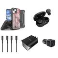 Accessories Bundle for iPhone 14 Plus Case - Heavy Duty Rugged Protector Cover (Pink Marble) Belt Holster Clip Wireless Earbuds Car Charger UL Dual Wall Charger USB C to Lightning Cables