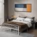 Modern Full Size Metal Platform Bed Frame with Wooden Headboard and Footboard, Modern Lined-Curved Flower Pattern