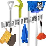 2023 reliahom Broom Holder Mop Hanger Wall Mount Metal Organization Garage Storage System Garden Kitchen Tool Organizer (4 Racks with 5 Hooks Silver)