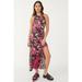 Free People Dresses | Free People Dress Mimi Printed Black Floral Tropical Midi Cinch Slit Size Small | Color: Black/Pink | Size: S