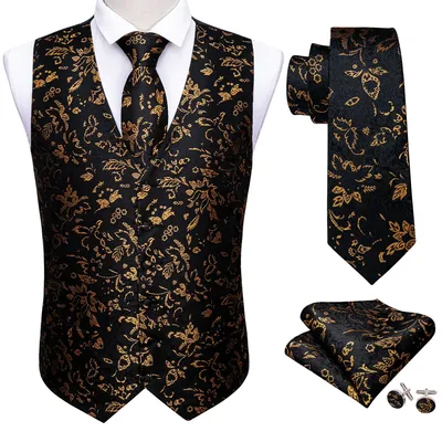 Costume de luxe en Brocade doré pour hommes ensemble gilet et cravate en soie vêtements de