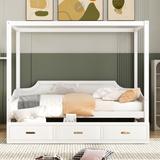 Twin Size Wooden Canopy Daybed with 3 in 1 Storage Drawers