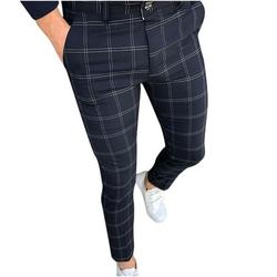 REORIAFEE Men s Plaid Dress Pants Classic Fit Formal Plaid Slacks Prom Checked Trousers Comfortable Pants Plaid Flat-Front Skinny Business Pencil Long Navy M