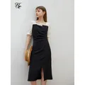 FSLE-Robe de bureau à coutures noires et blanches pour femmes rétro avec fermeture éclair col