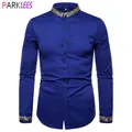 Chemise brodée à manches longues pour hommes chemise habillée col mandarin coupe couvertes bleu