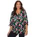 Plus Size Women's Georgette Buttonfront Tie Sleeve Cafe Blouse by Catherines in Black Tropical Floral (Size 0X)
