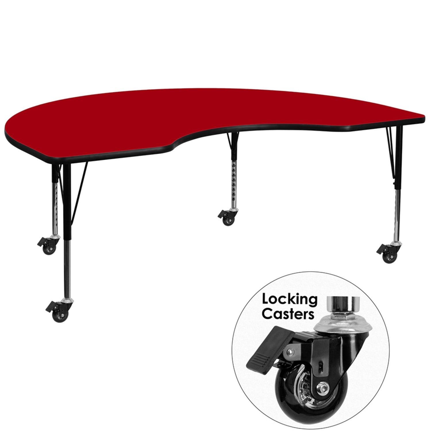 Flash Furniture XU-A4872-KIDNY-RED-T-P-CAS-GG Kidney Shaped Mobile Activity Table - 72"L x 48"W, Laminate Top, Red
