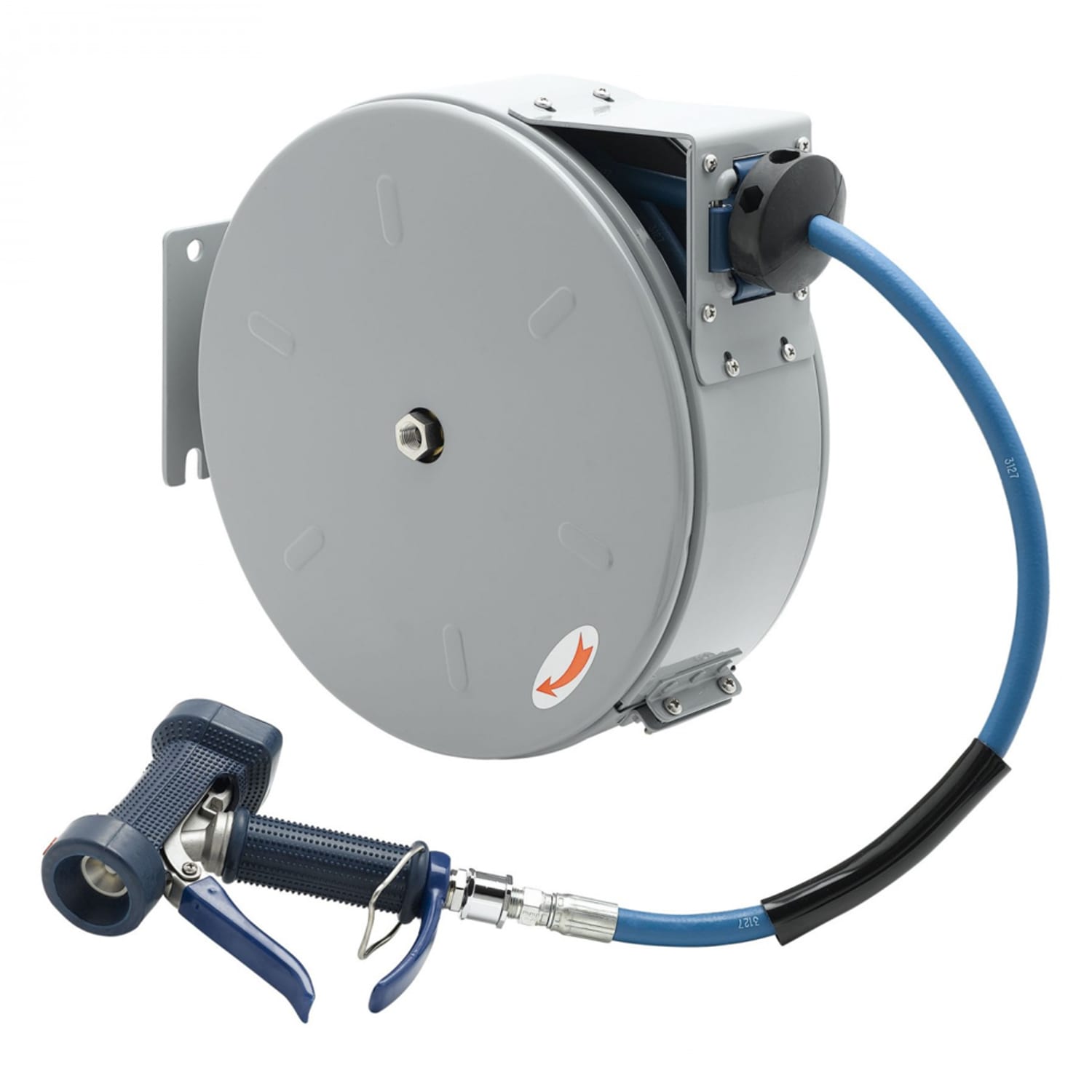 T&S B-7222-C05 Open Hose Reel w/ 30 ft Hose & Front Trigger Water Gun, Silver